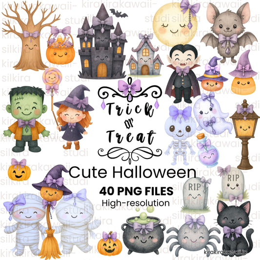 🌙 カワイイなハロウィン水彩クリップアートパック — Kawaii Halloween Watercolor Clipart Pack | PNGs Transparent Background | Commercial Use