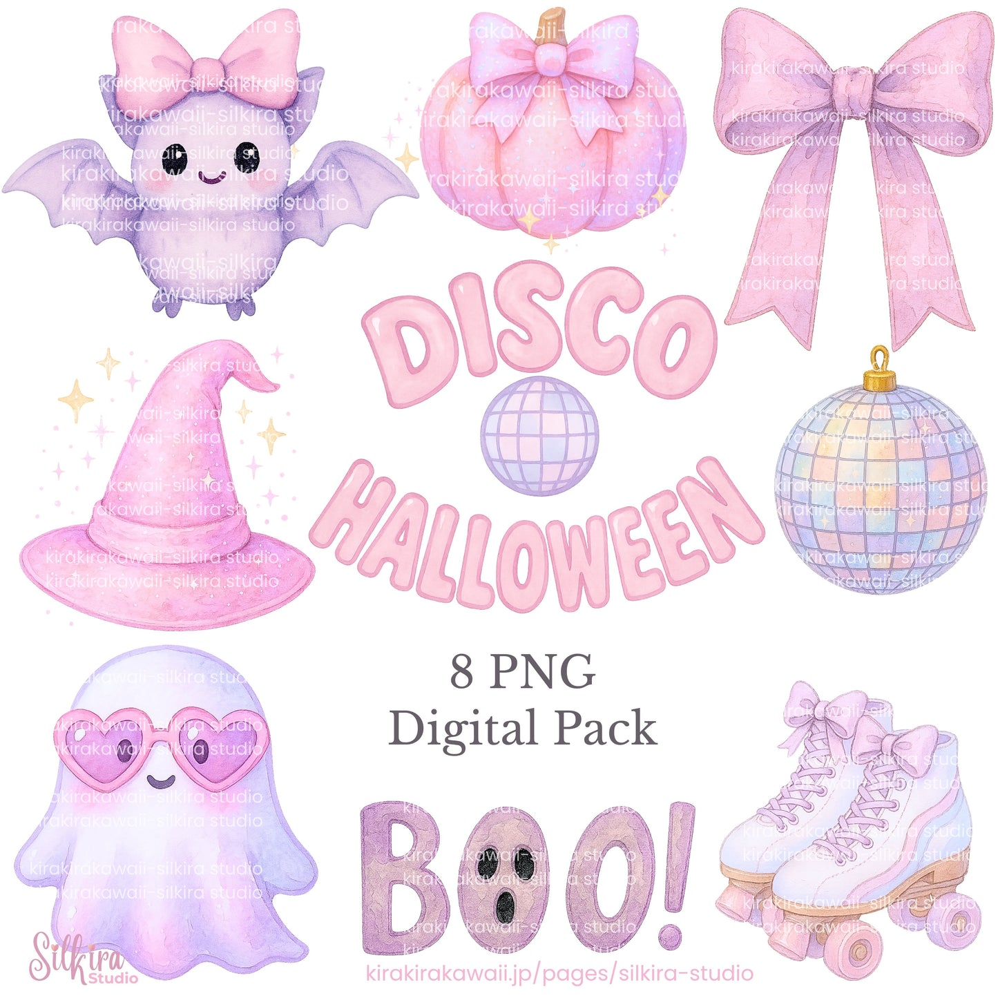 Pastel Disco Halloween – Pink Boo Party | Kawaii PNG & JPG Pack (17 files total)