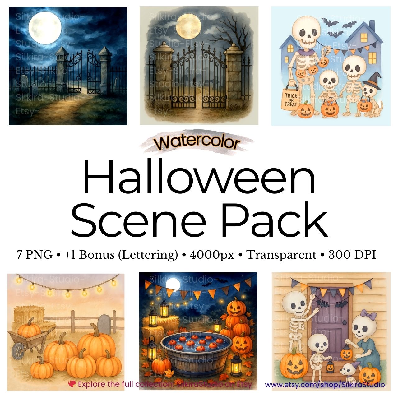 🎃 ハロウィン水彩シーンパック | PNG背景セット (7枚+ボーナス) | 高解像度4000px・300DPI