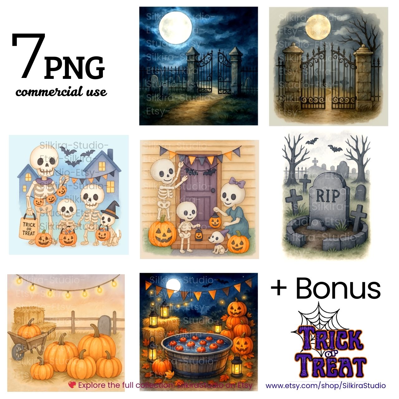 🎃 ハロウィン水彩シーンパック | PNG背景セット (7枚+ボーナス) | 高解像度4000px・300DPI