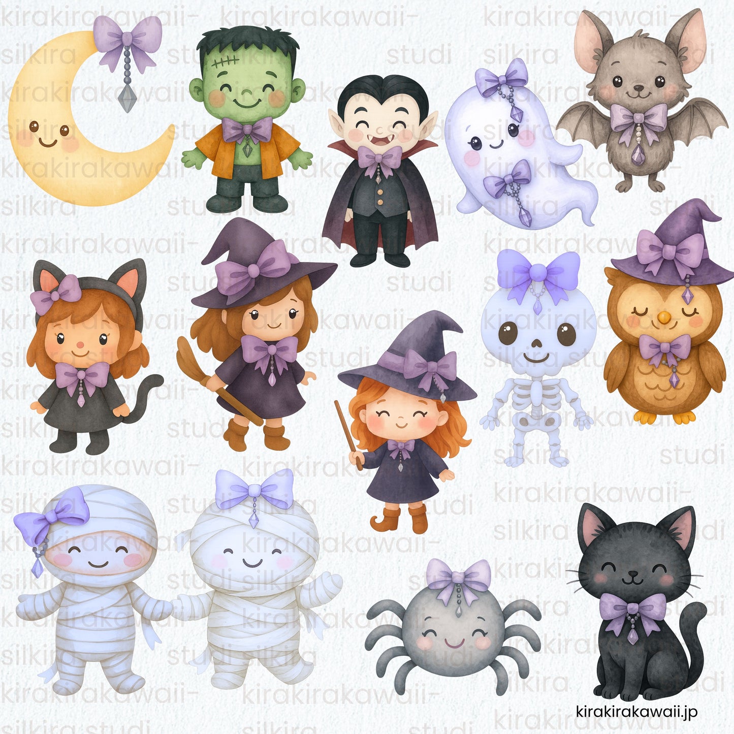 🌙 カワイイなハロウィン水彩クリップアートパック — Kawaii Halloween Watercolor Clipart Pack | PNGs Transparent Background | Commercial Use