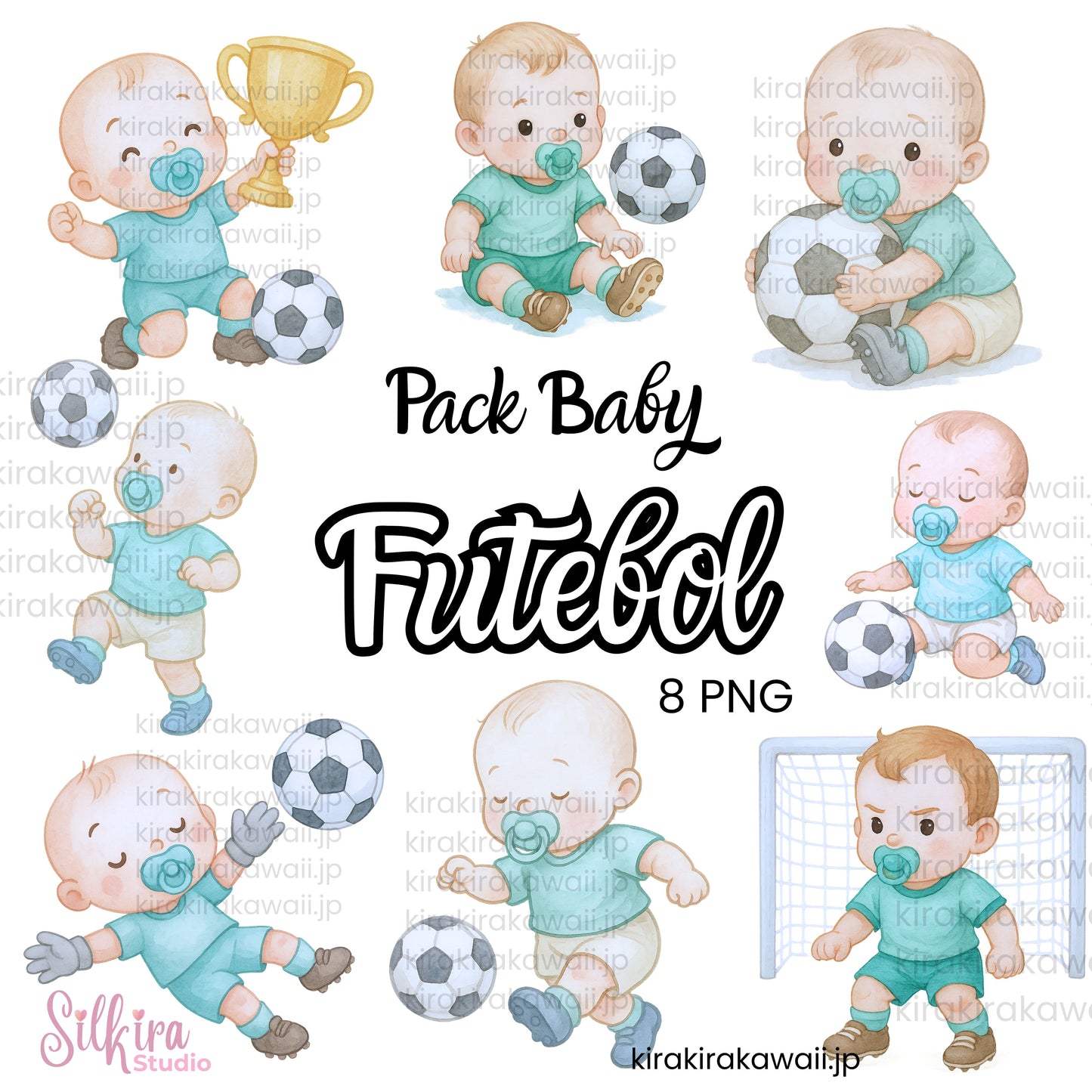ベビーフットボールアートセット｜水彩かわいいデジタルイラスト PNG Baby Futebol